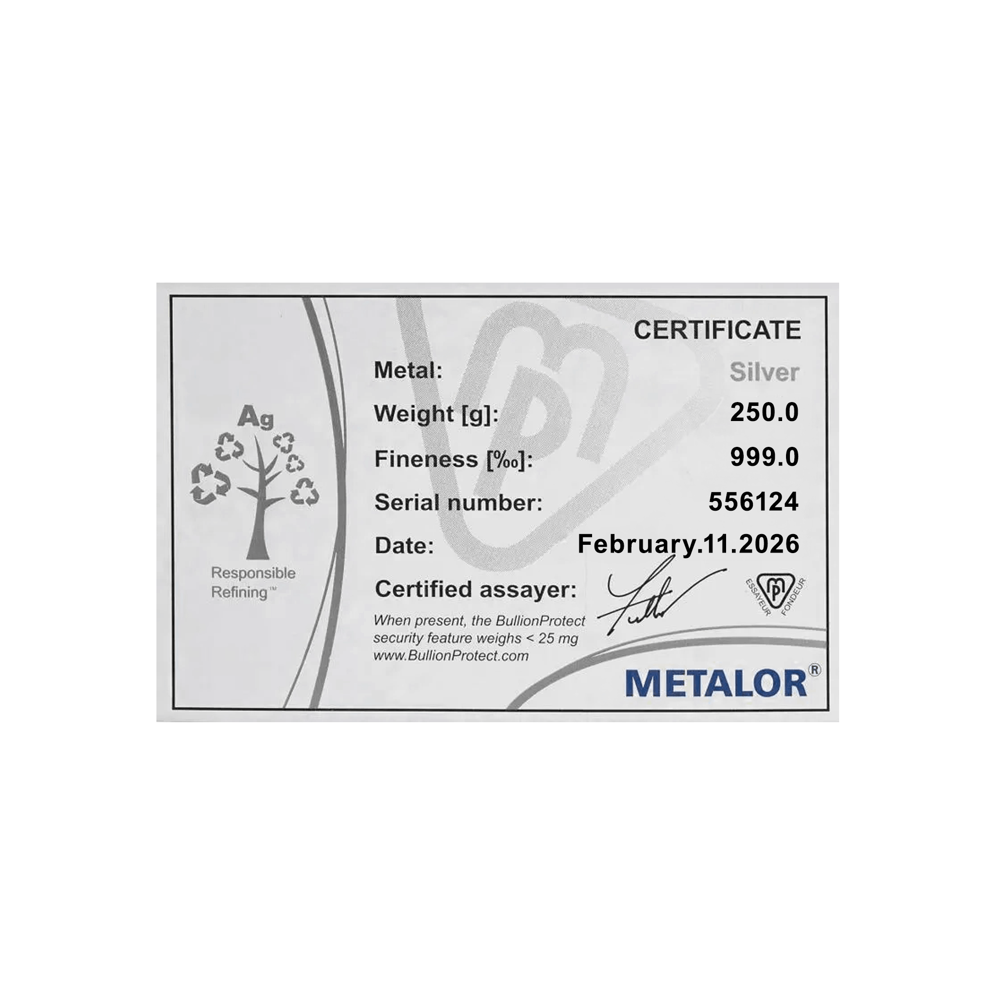 250 Gram Metalor Swiss Silver Bar